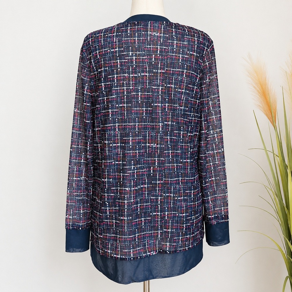Chico's Navy Tweed Print Mesh Cardigan Button Front Topper SZ XL Preppy Academia - Picture 4 of 10